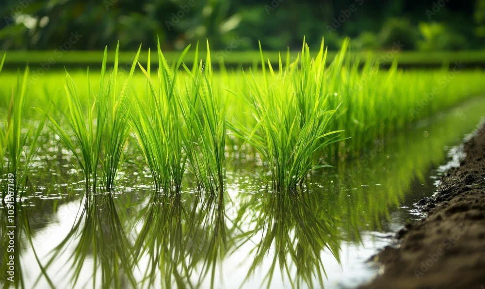 Obraz premium Green rice plants reflecting in water.