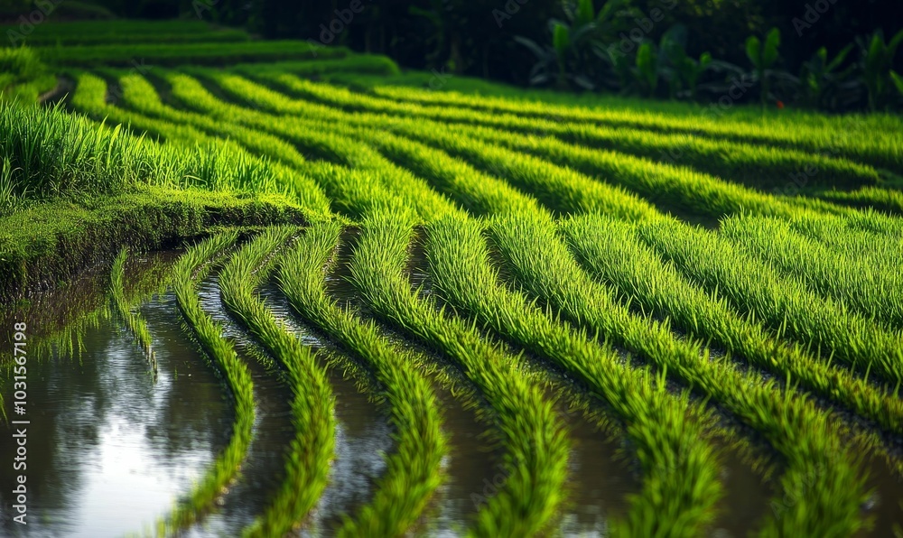 Water reflecting on lush green rice paddy. Water reflecting on lush green rice paddy.