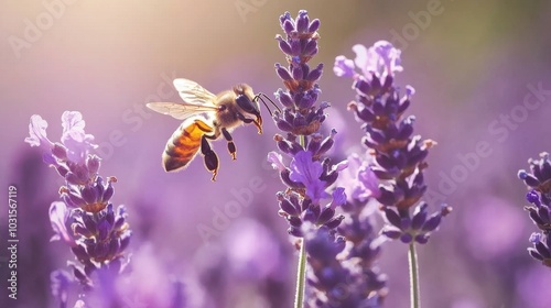 Bee Pollinating Lavender Flowers in Soft Light