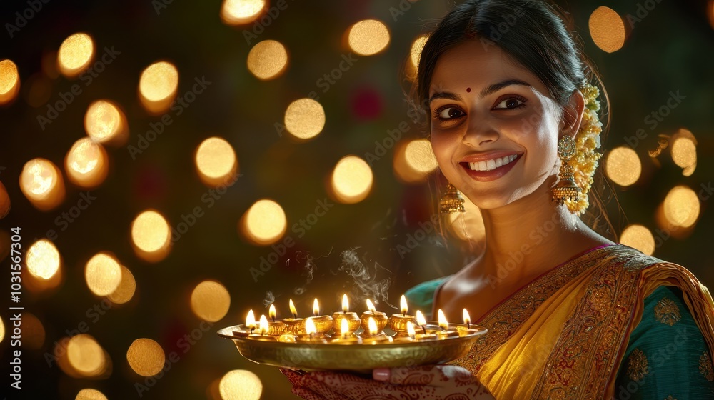 Indian Woman Holding Diya on Diwali. Fictional Character Created By Generative AI.