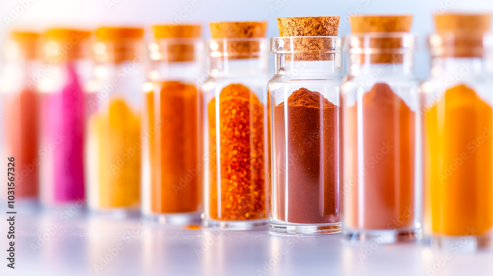 A beautiful array of glass jars filled with colorful spices rests neatly on a countertop. The vibrant powders include reds, yellows, and browns, illuminated by soft sunlight A beautiful array of glass jars filled with colorful spices rests neatly on a countertop. The vibrant powders include reds, yellows, and browns, illuminated by soft sunlight
