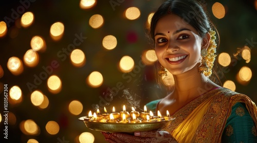 Indian Woman Holding Diya on Diwali. Fictional Character Created By Generative AI.