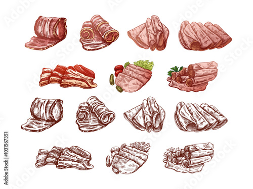 Hand-drawn vector sketch set of bacon, hamon or pork meat, ham slices. Italian prosciutto vintage sketch. Butcher shop. Great for label, restaurant menu. Engraved image.