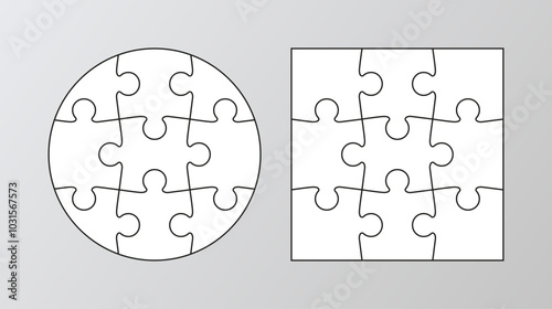 Outline jigsaw grids collection. Puzzle pieces set. Square and circle cutting templates. Scheme for thinking game. Mosaic background with separate details. Cutting template. Vector illustration.
