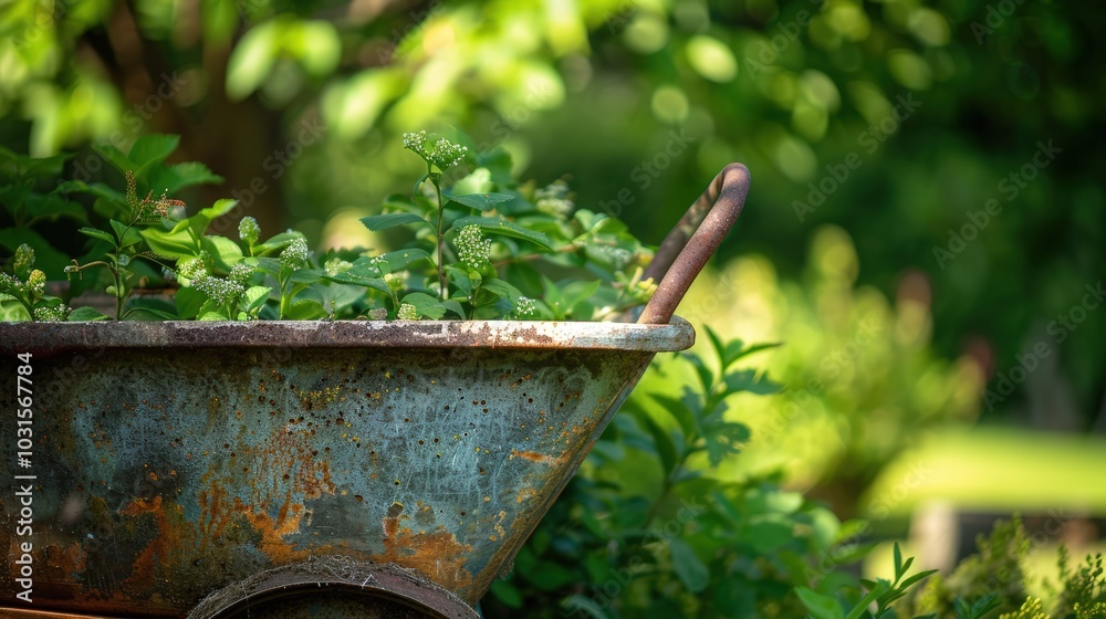 Rustic Wheelbarrow with Fresh Green Plants