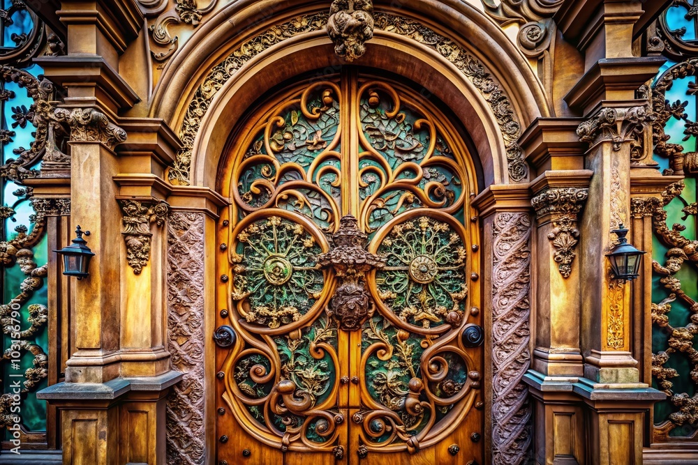 Renaissance Inlaid Front Door with Grate - Architectural Elegance in Detail Renaissance Inlaid Front Door with Grate - Architectural Elegance in Detail