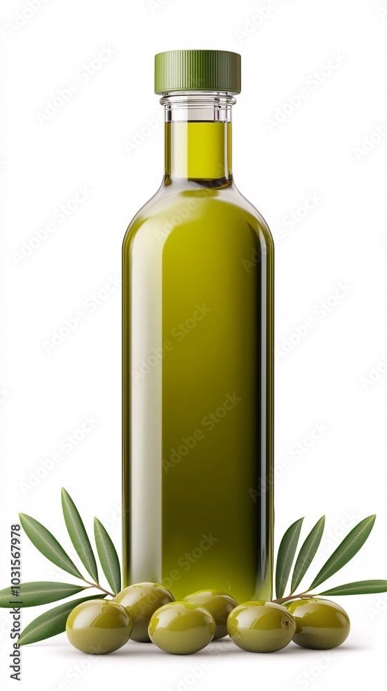 Organic olive oil bottle, with fresh olives and leaves, 3D illustration Organic olive oil bottle, with fresh olives and leaves, 3D illustration