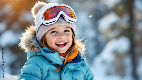 Child wearing now goggles for skiing with a happy cheerful expression wearing a jacket in winter