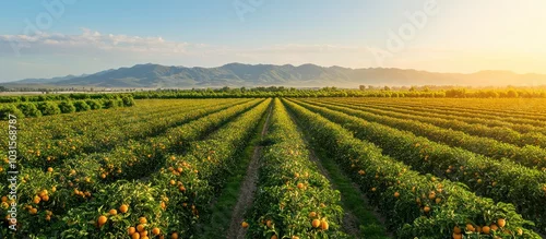 Obraz  z motywem Rows of citrus trees growing in a field with mountains in the background.