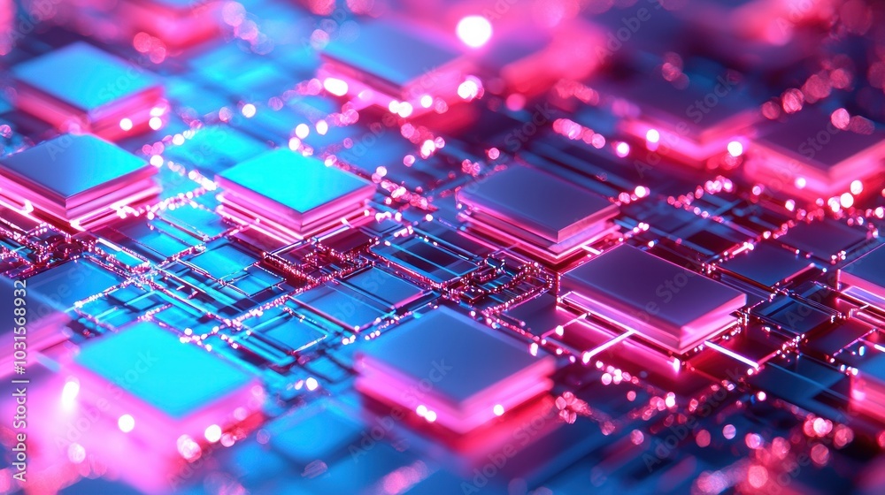 A vibrant close-up of a futuristic microprocessor with colorful highlights, showcasing intricate circuits and technology innovation.