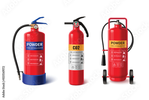 Fire extinguishers set isolated on white background. Vector realistic illustration of 3d red cylinders with firefighting foam and powder, manual instruction stickers, emergency prevention equipment