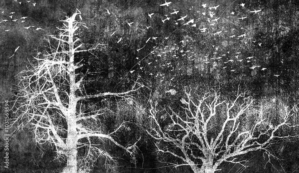 Messy autumn forest with dead trees, Bare trees with branches on grunge background. Black and white illustration Messy autumn forest with dead trees, Bare trees with branches on grunge background. Black and white illustration