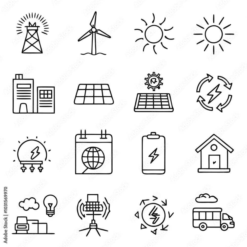 Naklejka premium Minimalistic Line-Drawn Icons of Solar Panels, Wind Turbines, and Renewable Energy Equipment