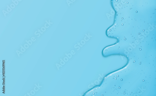 Serum gel flow on blue background. Vector realistic illustration of liquid lotion texture, skin care elixir with air or oil bubbles, moisture cosmetic product splash with collagen or hyaluronic acid