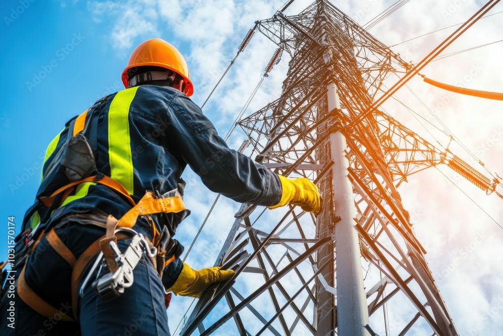 Man in safety gear working on a high-voltage tower Man in safety gear working on a high-voltage tower
