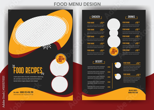 Modern fast food, burger, pizza, hot dog dobble page flyer and restaurant food flyer vector red color template for burger promotional ads or online start-up food and drinks delivery shop.