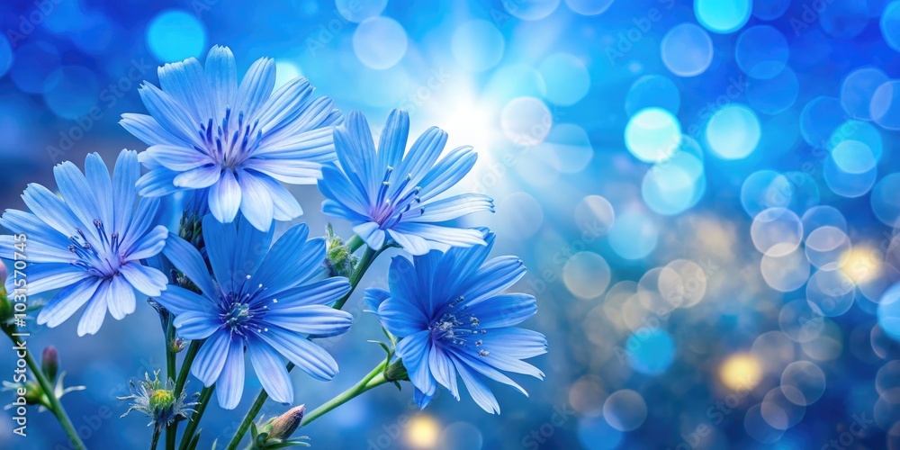 Beautiful Cichorium intybus Flowers Isolated on Blue Background - Chicory Flower Close-Up with Copy Space for Nature Themes and Floral Designs Beautiful Cichorium intybus Flowers Isolated on Blue Background - Chicory Flower Close-Up with Copy Space for Nature Themes and Floral Designs