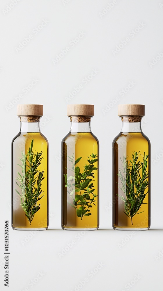 Organic herb-infused oils, bottles with herbs inside, 3D illustration Organic herb-infused oils, bottles with herbs inside, 3D illustration