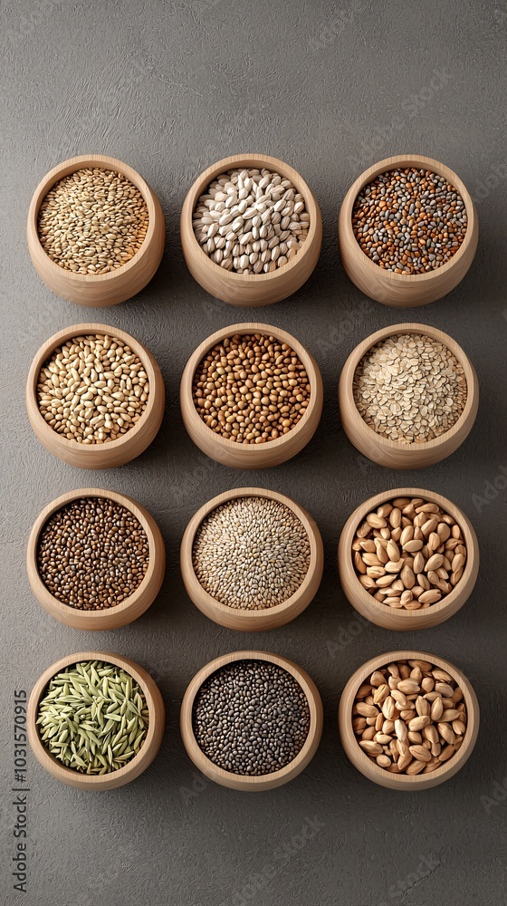 Organic grains, assorted in wooden bowls, 3D illustration Organic grains, assorted in wooden bowls, 3D illustration