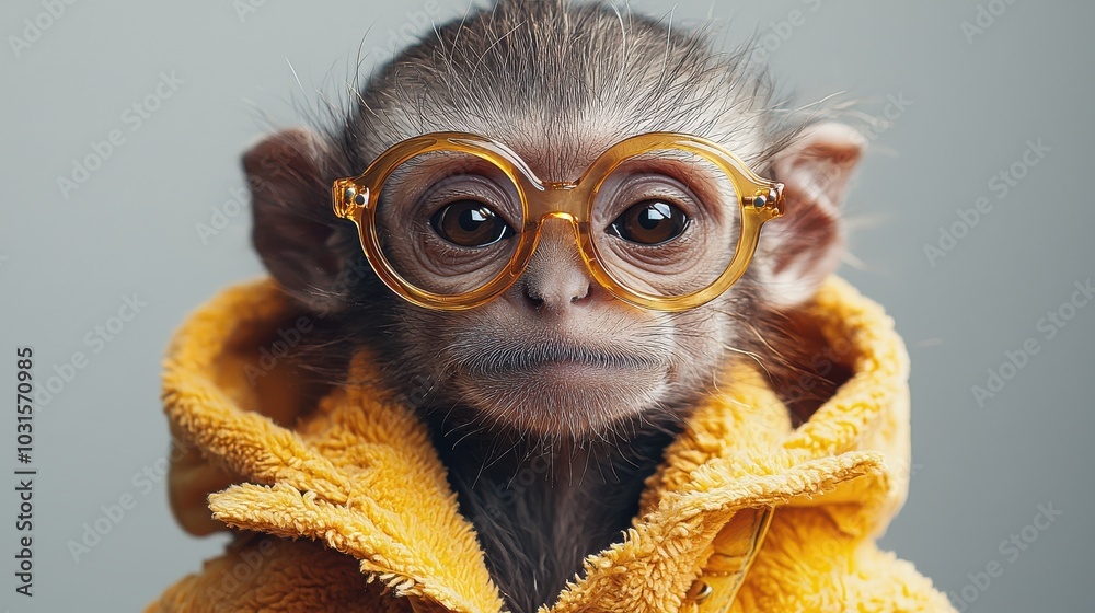 A curious monkey wearing yellow glasses and an orange hoodie stares directly at the camera in a neutral background A curious monkey wearing yellow glasses and an orange hoodie stares directly at the camera in a neutral background
