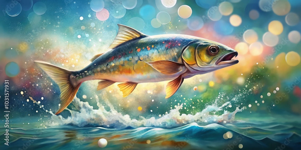 Naklejka premium Watercolor Fish Jumping Out of Water - Bokeh Effect, Nature Art, Aquatic Life, Vibrant Colors, Fluid Motion, Artistic Illustration, Ocean Scene, Wildlife, Underwater Beauty, Creative Artwork