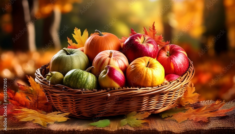 A basket of apples in various shades of red, green, and yellow, nestled in an autumnal setting with fallen leaves and pumpkins. A basket of apples in various shades of red, green, and yellow, nestled in an autumnal setting with fallen leaves and pumpkins.