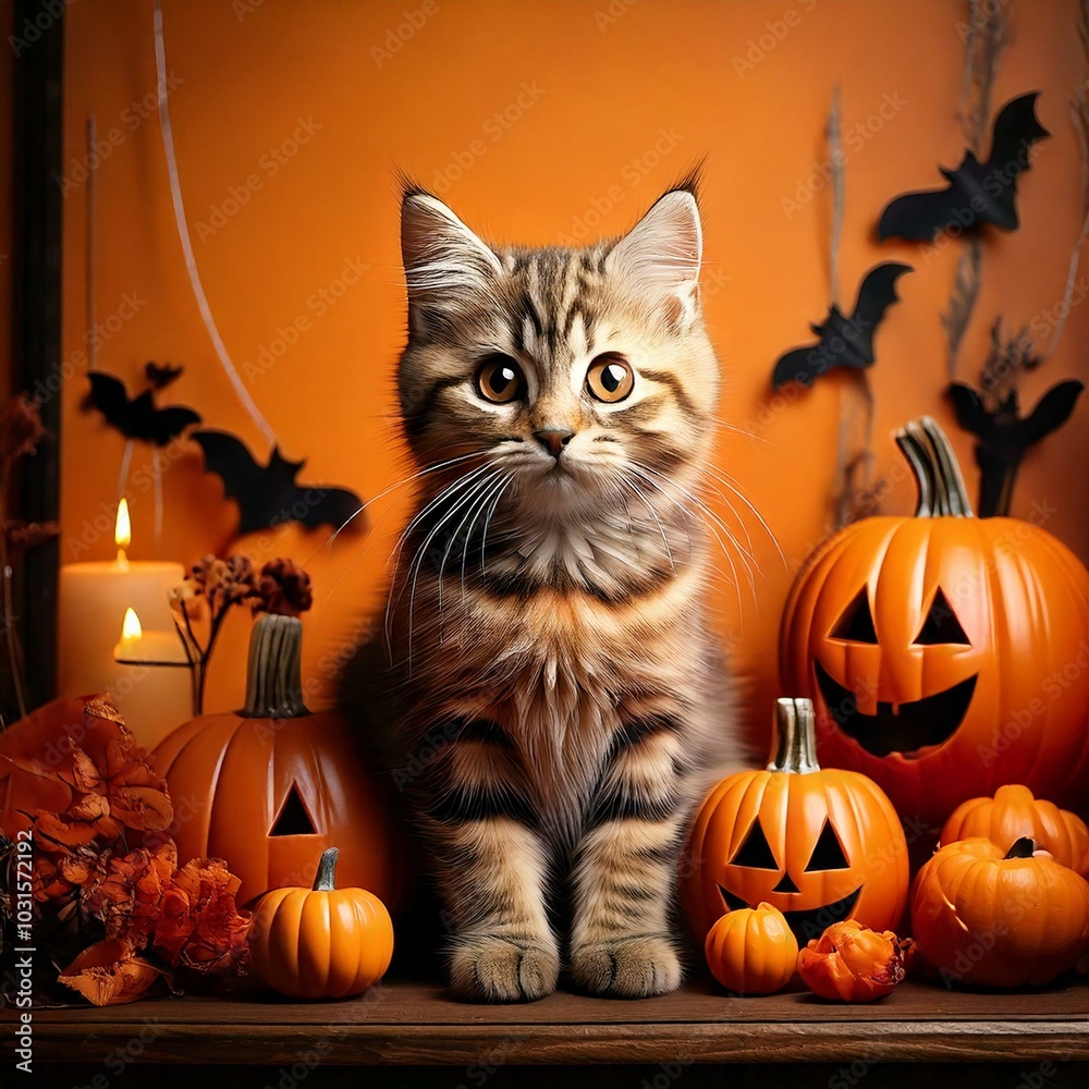 A cat with Halloween decorations A cat with Halloween decorations