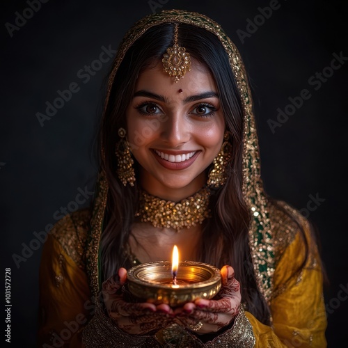 Happy Diwali Celebration with Indian Woman Holding a Lit Diya Posing for a Photo. Fictional Character Created By Generative AI.