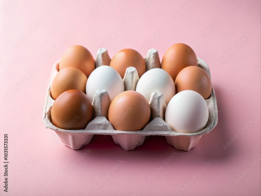 Carton of White and Brown Eggs on Soft Pink Background - Vibrant Food Photography and Design Concept for Culinary and Kitchen Decor