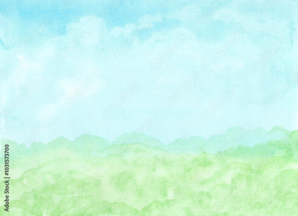 Watercolor painting nature background of mountain with blue sky and trees on paper. landscape. illustration for spring or autumn and tropical concept. copy space for text. Hand painted texture style. Watercolor painting nature background of mountain with blue sky and trees on paper. landscape. illustration for spring or autumn and tropical concept. copy space for text. Hand painted texture style.