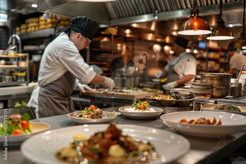 Restaurant Kitchen with Chef Preparing Food