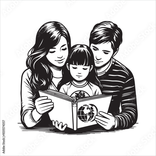 Daughter is reading book to her international parents vector illustration silhouette