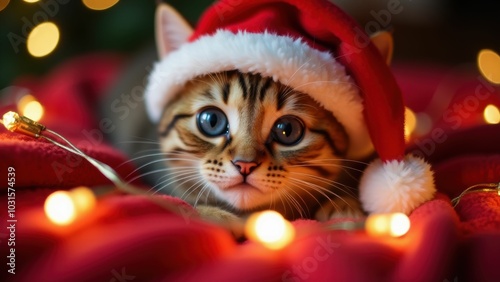 Kitten wearing santa hat lying down with festive lights in background photo