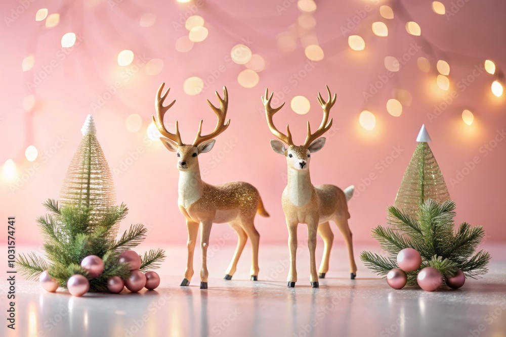 Christmas Composition with Deer Figures on Pink Background for New Year Greeting Card Mockup - Festive Design, Holiday Spirit, Seasonal Cheer, and Copy Space Christmas Composition with Deer Figures on Pink Background for New Year Greeting Card Mockup - Festive Design, Holiday Spirit, Seasonal Cheer, and Copy Space