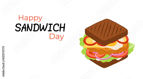 National Sandwich Day banner with colorful sandwiches filled with fresh vegetables, cheese and meat. Design for holiday promotions, or culinary projects.