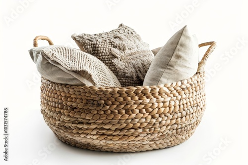 Wicker Basket with Cushions Isolated On White Background