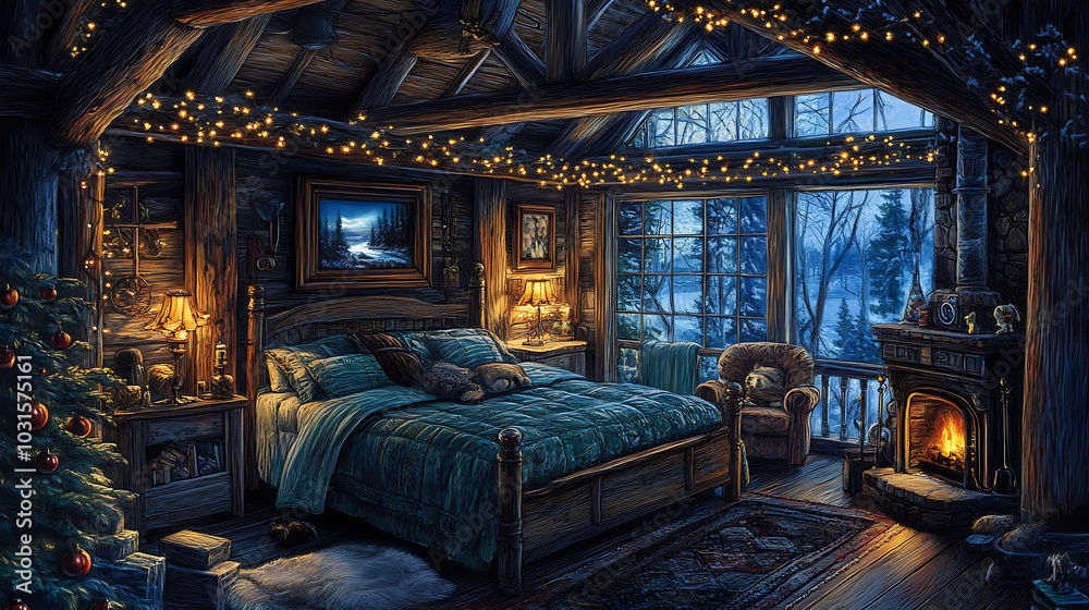 Cozy room with pastel lights, warm fireplace, and serene winter view Cozy room with pastel lights, warm fireplace, and serene winter view