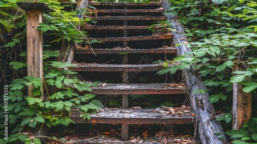 Overgrown Wooden Stairs in Nature's Embrace