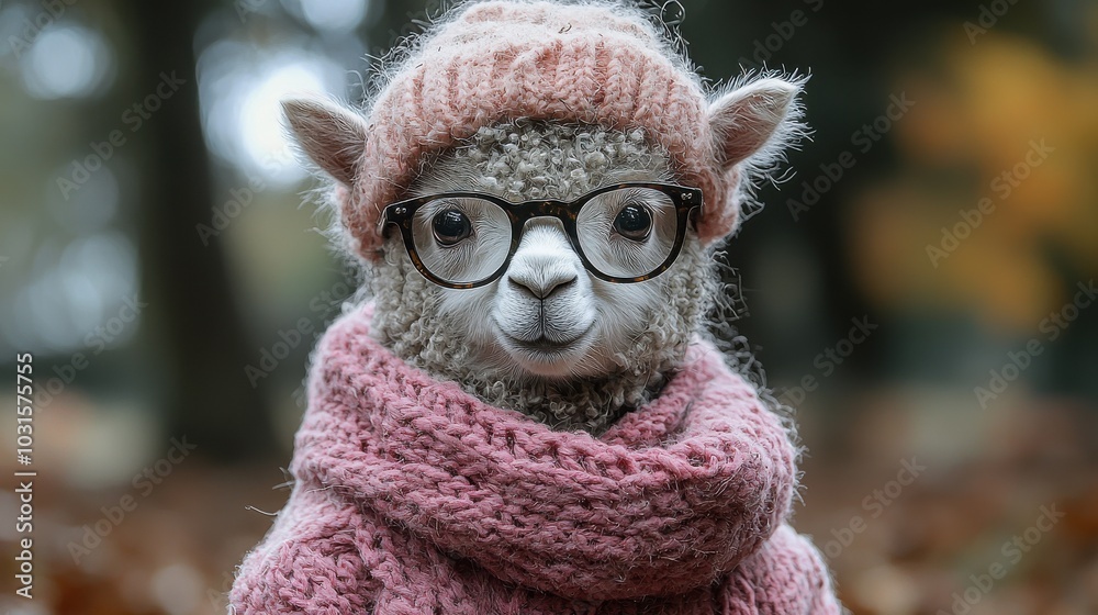 A stylish llama wearing glasses and a cozy pink sweater poses for a candid outdoor portrait during autumn A stylish llama wearing glasses and a cozy pink sweater poses for a candid outdoor portrait during autumn