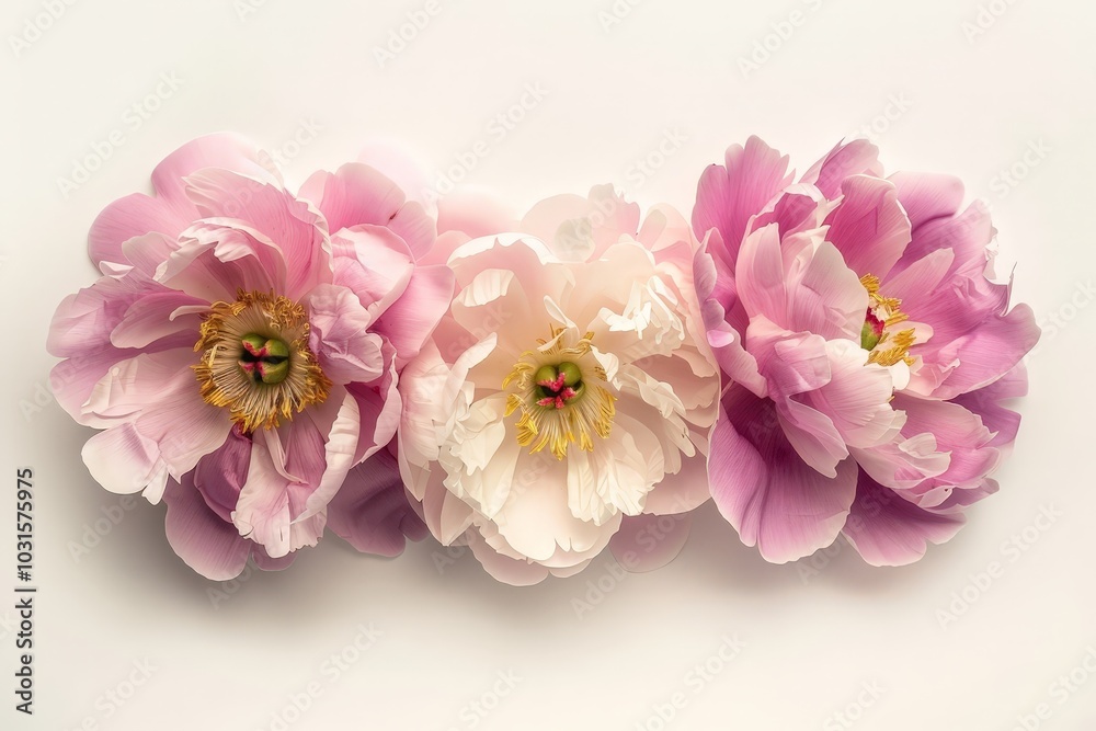 Pink Peonies in a Row Isolated On White Background Pink Peonies in a Row Isolated On White Background