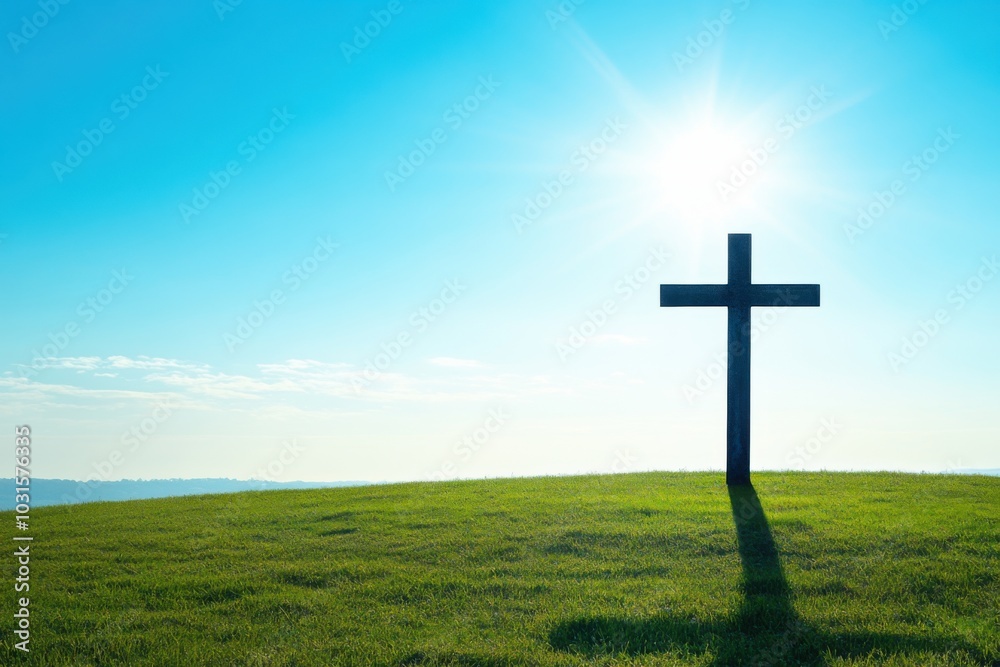 A solitary Christian cross stands against a bright blue sky at sunrise, casting a long shadow on the green grass of a peaceful hillside A solitary Christian cross stands against a bright blue sky at sunrise, casting a long shadow on the green grass of a peaceful hillside