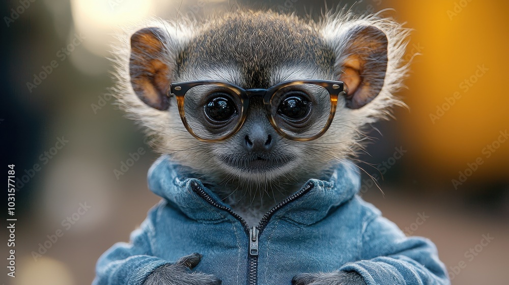 A curious monkey wearing glasses and a hoodie stands confidently in an urban setting on a sunny day A curious monkey wearing glasses and a hoodie stands confidently in an urban setting on a sunny day