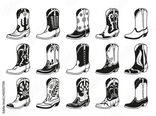Cowboy boots black monochrome silhouette different design set isometric vector illustration