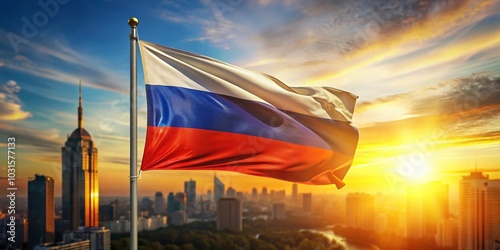 Russia Flag Waving Proudly Against Blue Sky with Clouds and Blurred City View