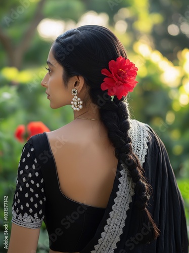 Indian woman in a black sari with a red flower in her braided hair, looking over her shoulder, wearing silver earrings, against a backlit garden background