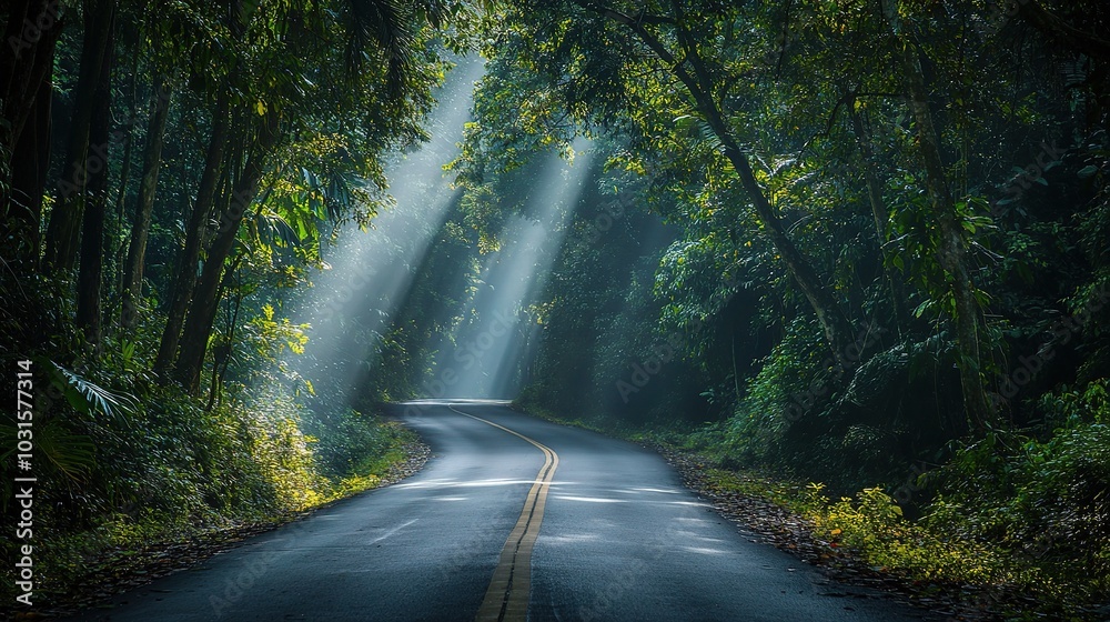 Fototapeta premium Serene Forest Path with Light Rays Through Trees