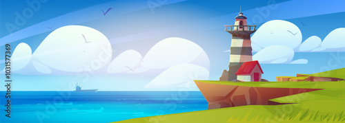 Seascape scenery with lighthouse. Vector cartoon illustration of beacon tower and house on top of rock with green grass, ship silhouette on horizon, sunny cloudscape above water, birds flying in sky