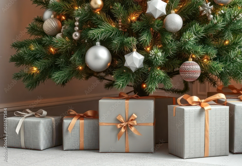 Close up of gift boxes packed in grey paper with golden ribbons under the christmas tree. Gift wrapping. Christmas, New Year concept. Close up of gift boxes packed in grey paper with golden ribbons under the christmas tree. Gift wrapping. Christmas, New Year concept.