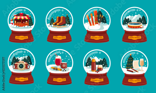 Festive Snow Globes Collection, 8 Christmas Themes in Vector