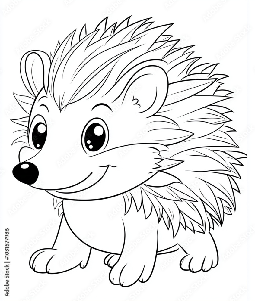 Coloring book page for kids featuring cute cartoon style hedgehog with